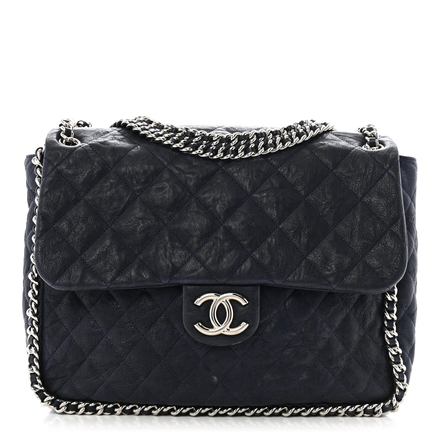 Washed Lambskin Quilted Maxi Chain Around Flap Navy