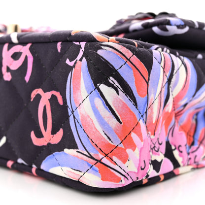 Chanel Printed Fabric Quilted Camellia Flap Black Multicolor 10 of 10