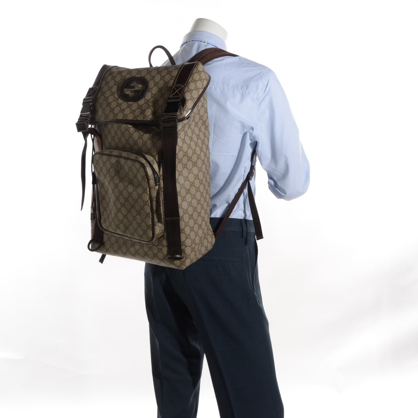 GG Supreme Monogram Large Interlocking G Double Buckle Backpack Dark Brown