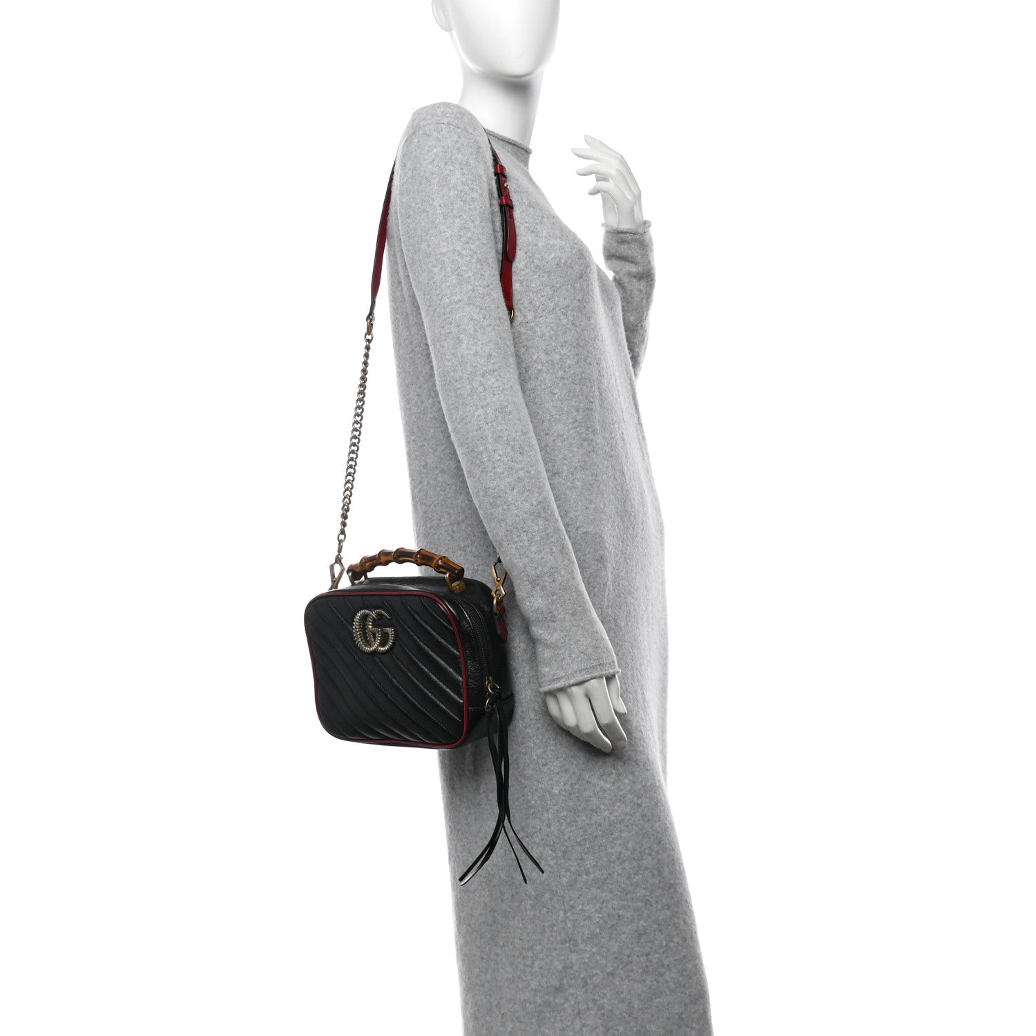 Gucci Vintage Effect Calfskin Matelasse Diagonal Small Torchon GG Marmont Bamboo Top Handle Shoulder Bag Black Romantic Cherry 2 of 11