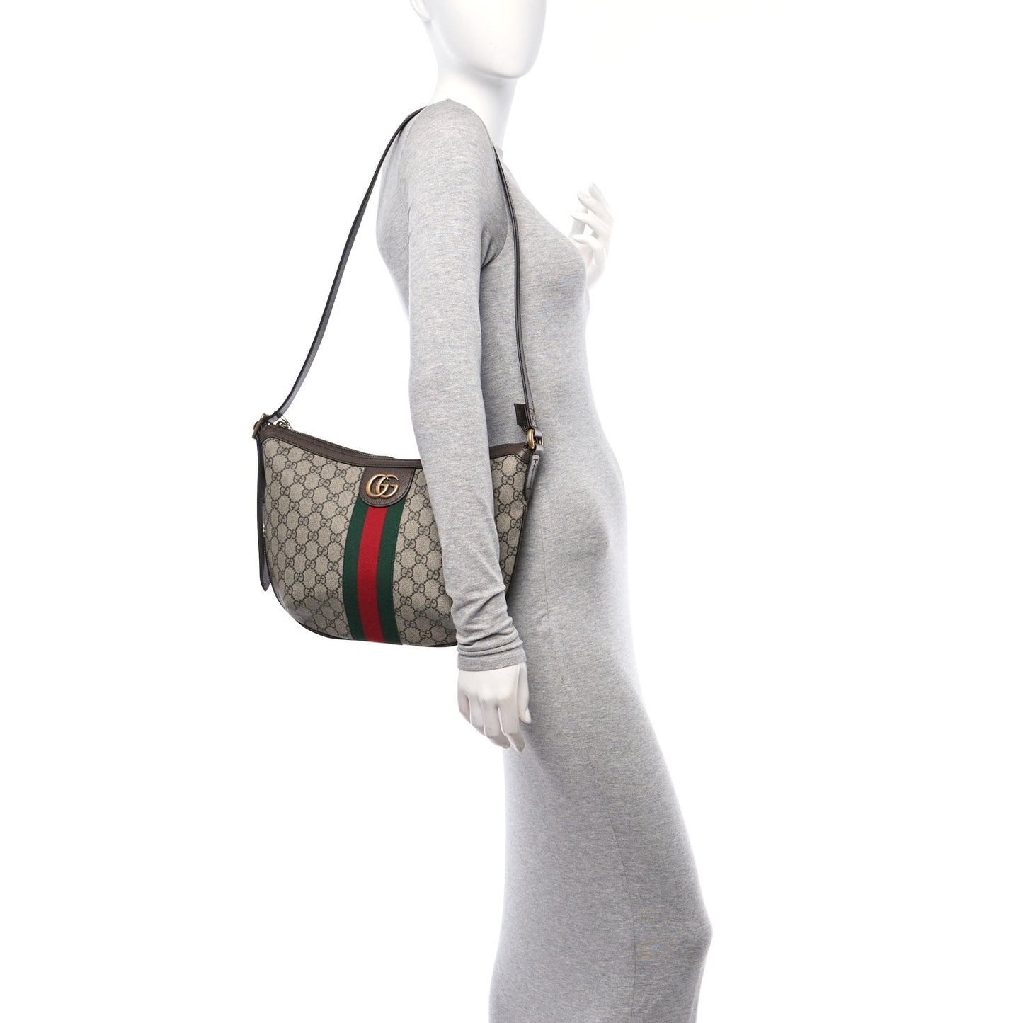 GG Supreme Monogram Textured Dollar Calfskin Web Small Ophidia Half Moon Hobo Beige Ebony New Acero