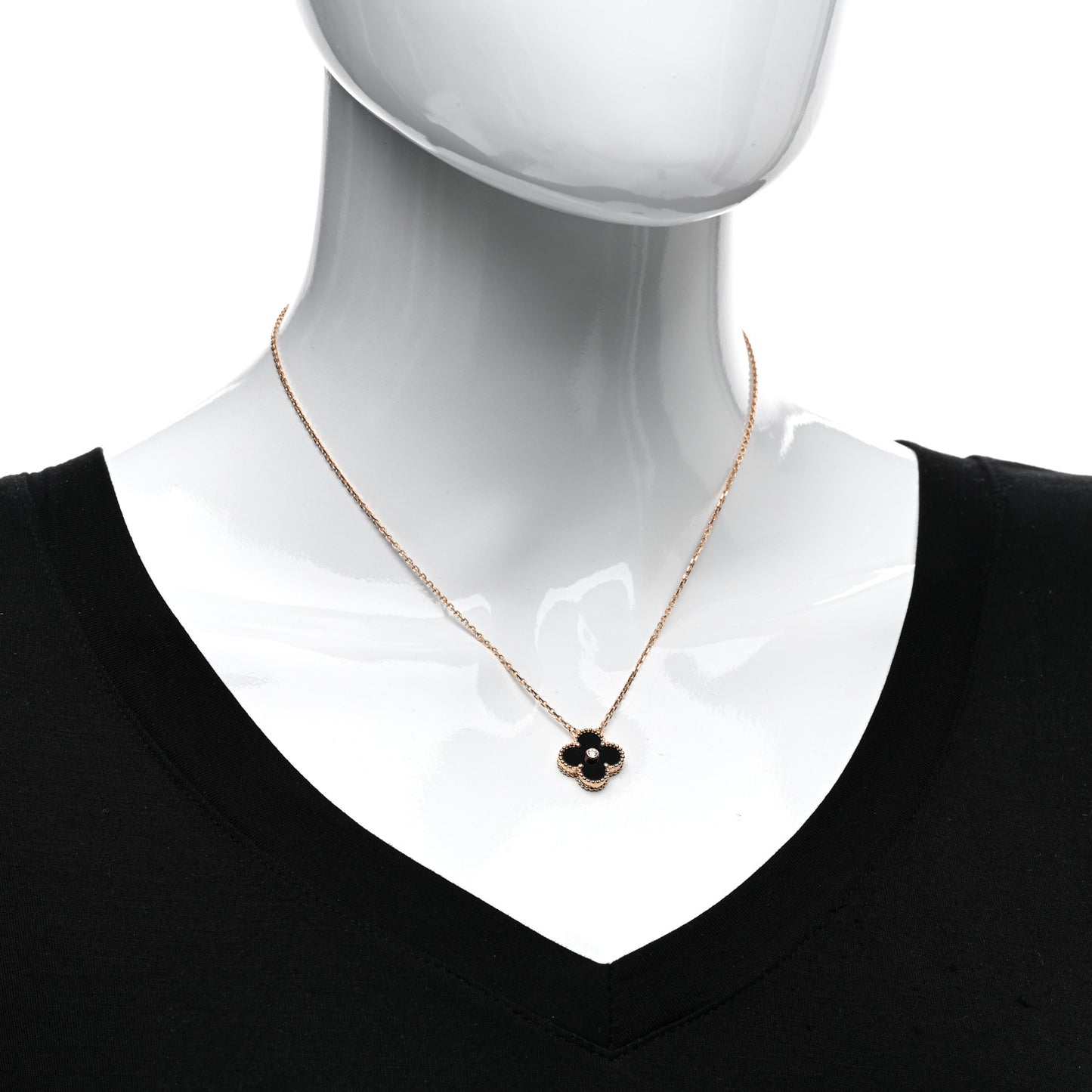 18K Rose Gold Diamond Black Onyx Vintage Alhambra Pendant Necklace