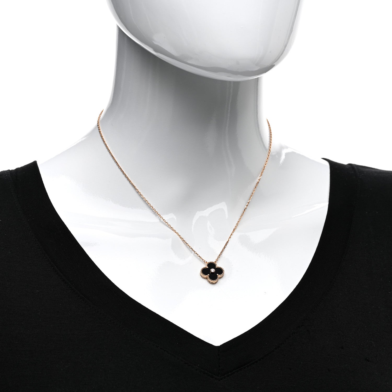 Van Cleef & Arpels 18K Rose Gold Diamond Black Onyx Vintage Alhambra Pendant Necklace 2 of 5