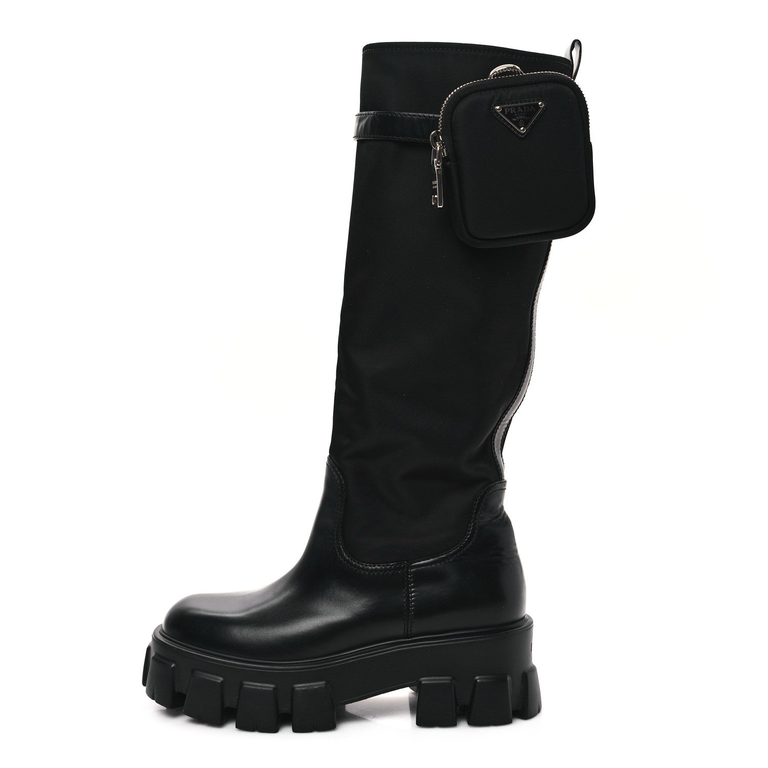 Prada Spazzolato Rois Re-Nylon Metal Triangle Logo Monolith Pouch Pocket 55mm Tall Boots 38 Black 1 of 9