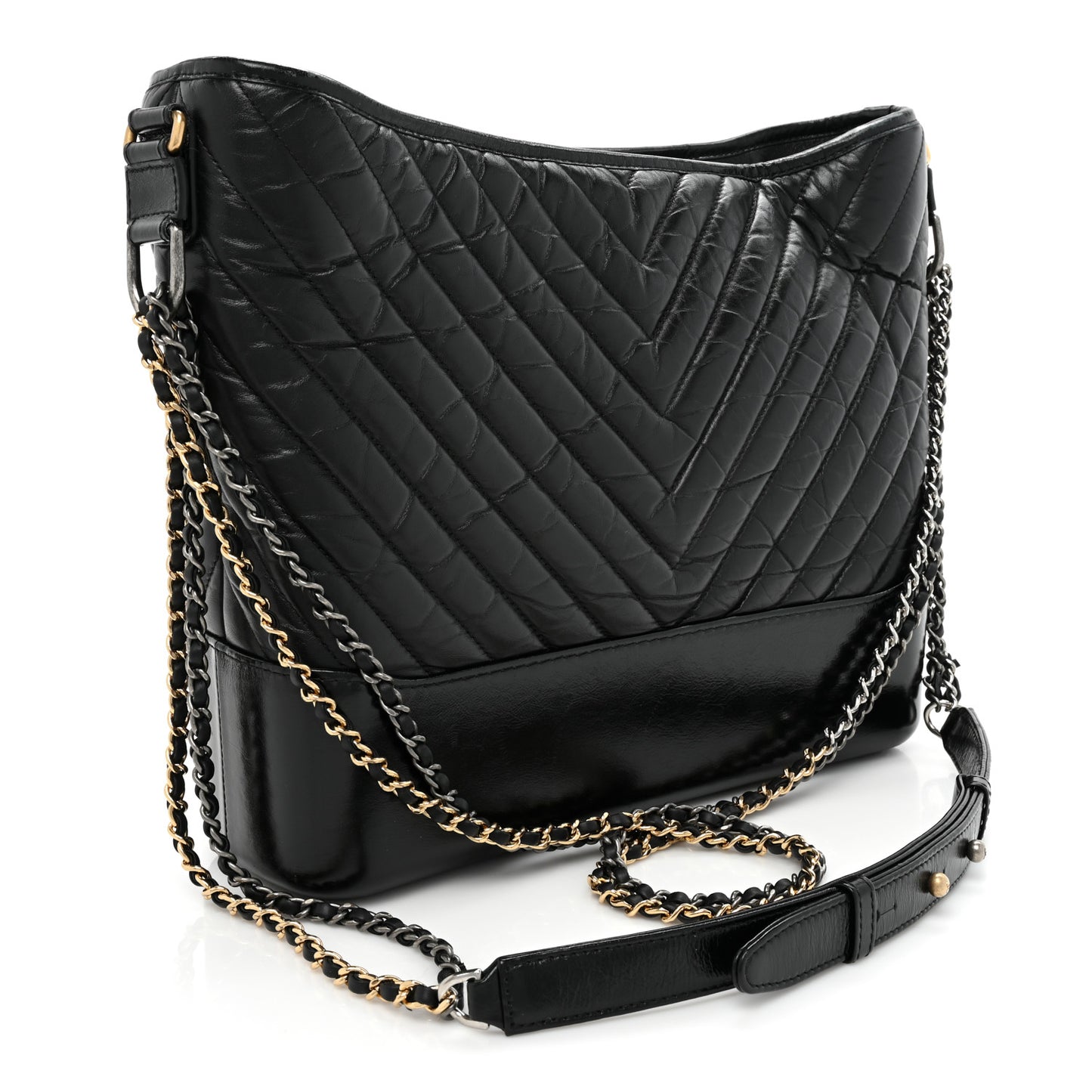 Aged Calfskin Chevron Quilted Large Gabrielle Hobo Black