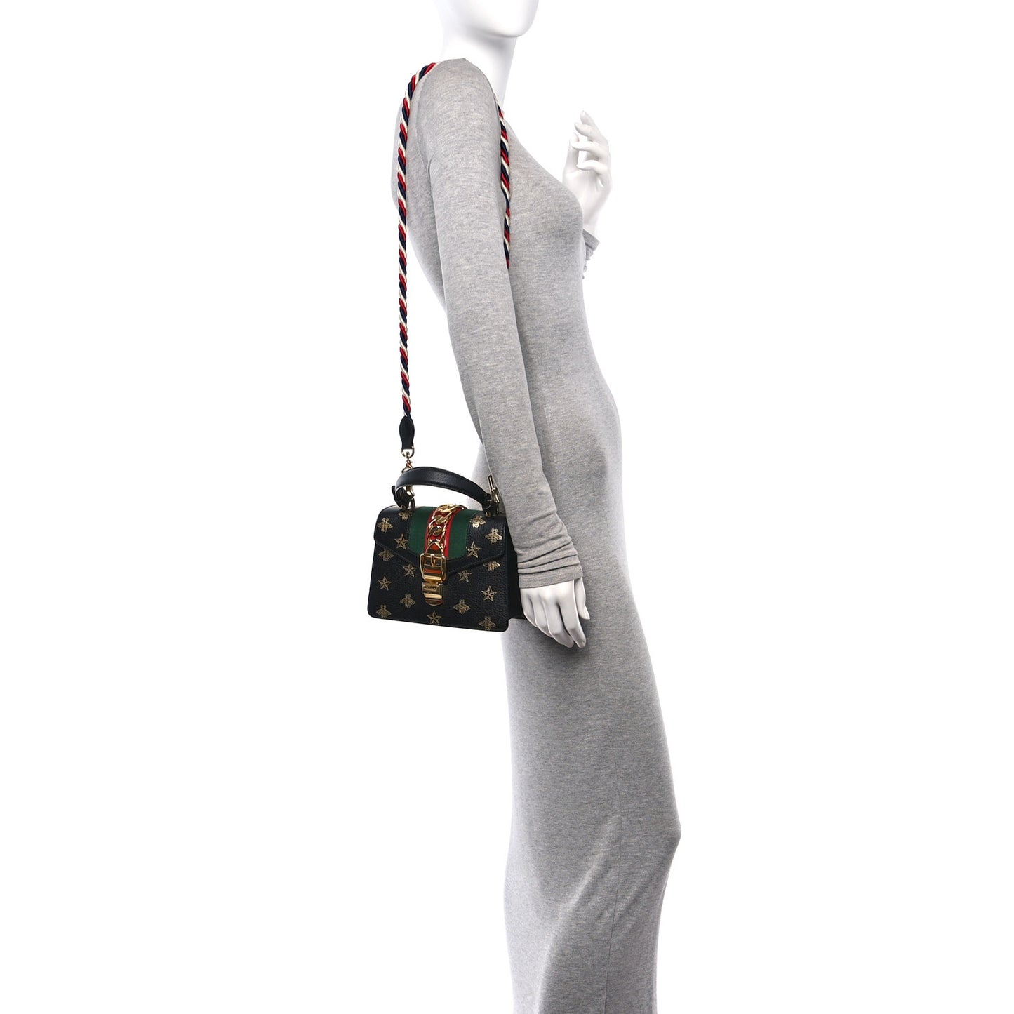 Textured Calfskin Bee Star Print Mini Sylvie Top Handle Bag Black