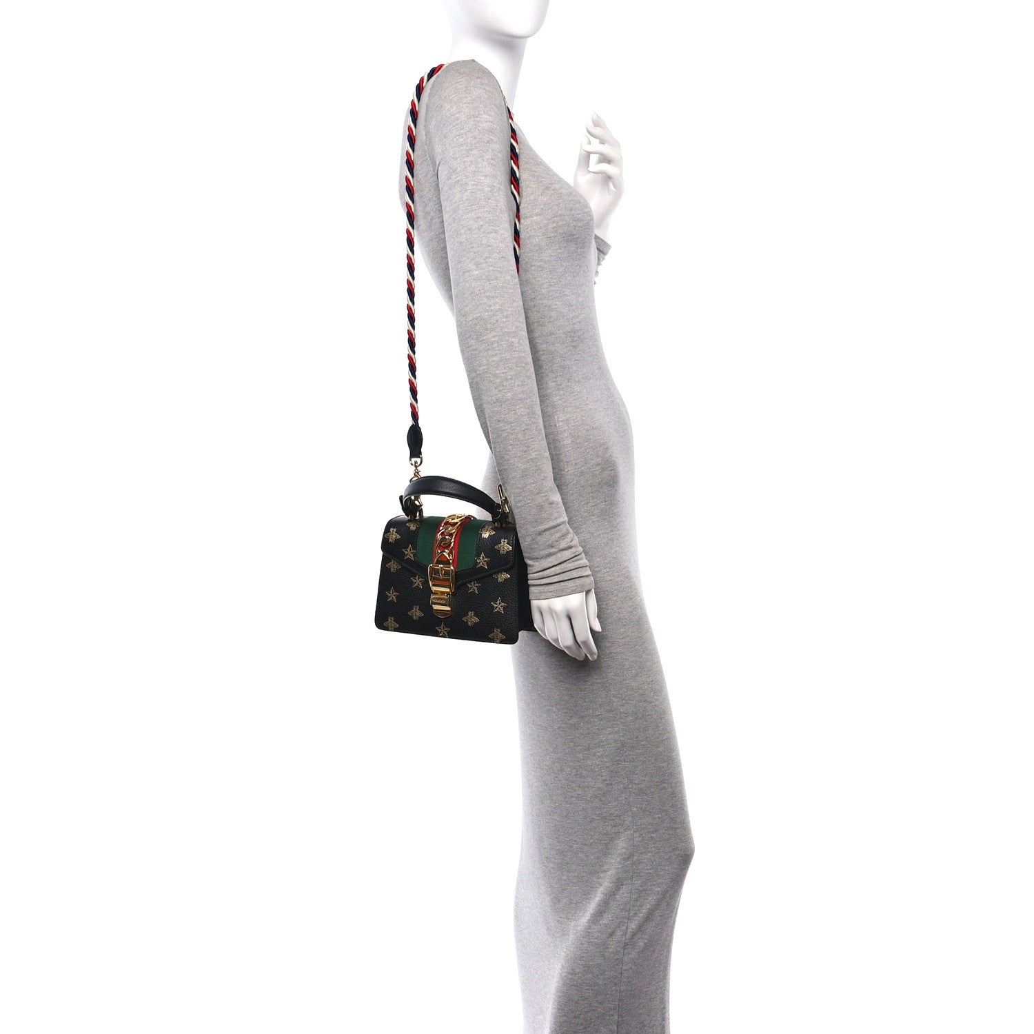Gucci Textured Calfskin Bee Star Print Mini Sylvie Top Handle Bag Black 2 of 11