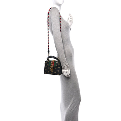Gucci Textured Calfskin Bee Star Print Mini Sylvie Top Handle Bag Black 2 of 11