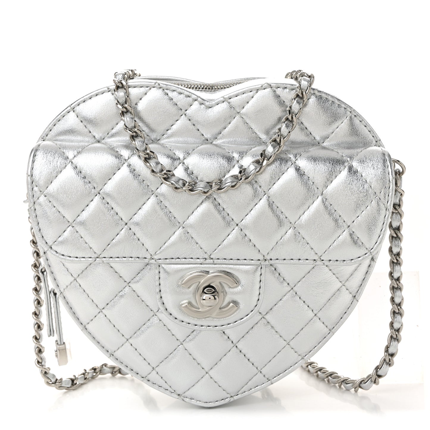 Metallic Lambskin Quilted Large CC In Love Heart Bag Silver