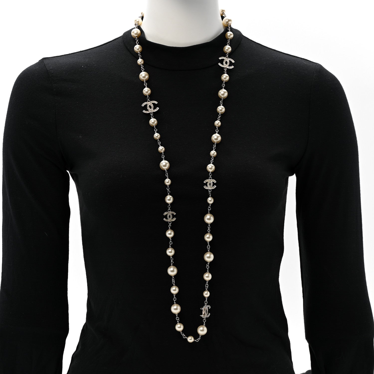 Chanel Crystal Pearl CC Long Necklace Silver 2 of 8