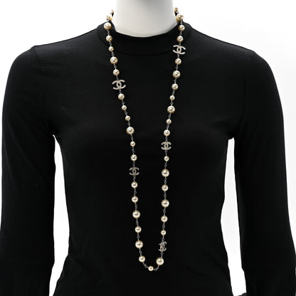 Chanel Crystal Pearl CC Long Necklace Silver 2 of 8