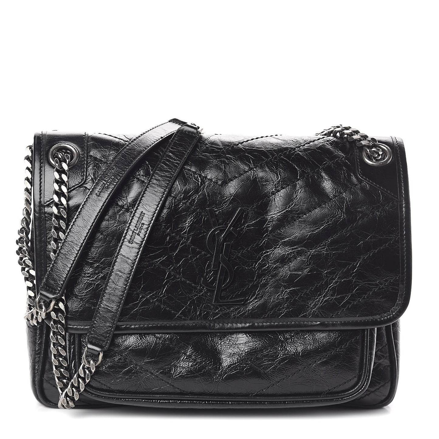 Crinkled Calfskin Matelasse Monogram Medium Niki Chain Satchel Black