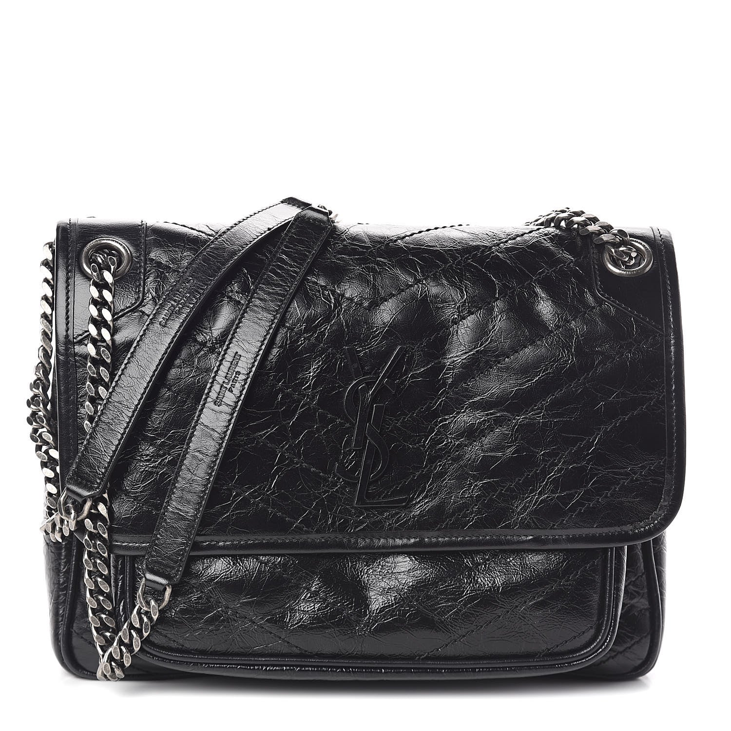 Saint Laurent Crinkled Calfskin Matelasse Monogram Medium Niki Chain Satchel Black 1 of 9