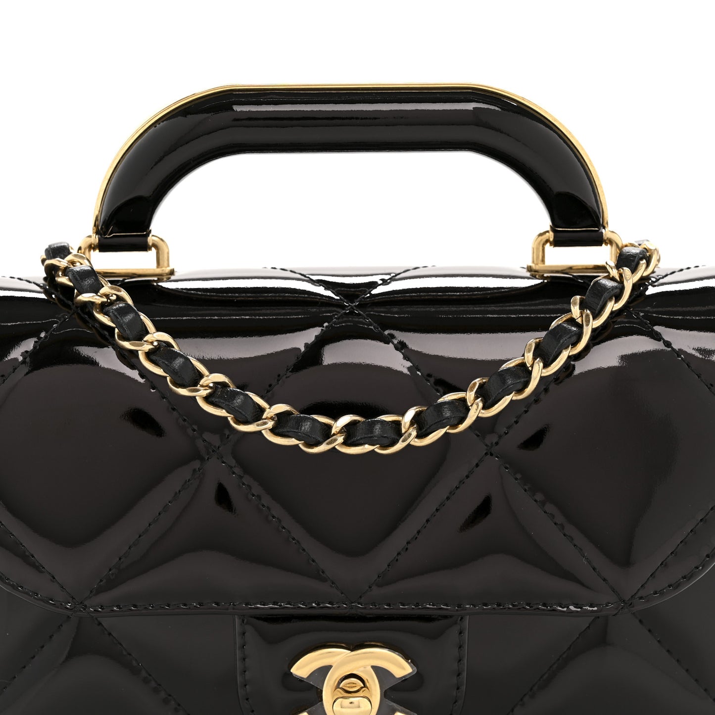 Metallic Mirror Calfskin Mini Top Handle Clutch With Chain Black
