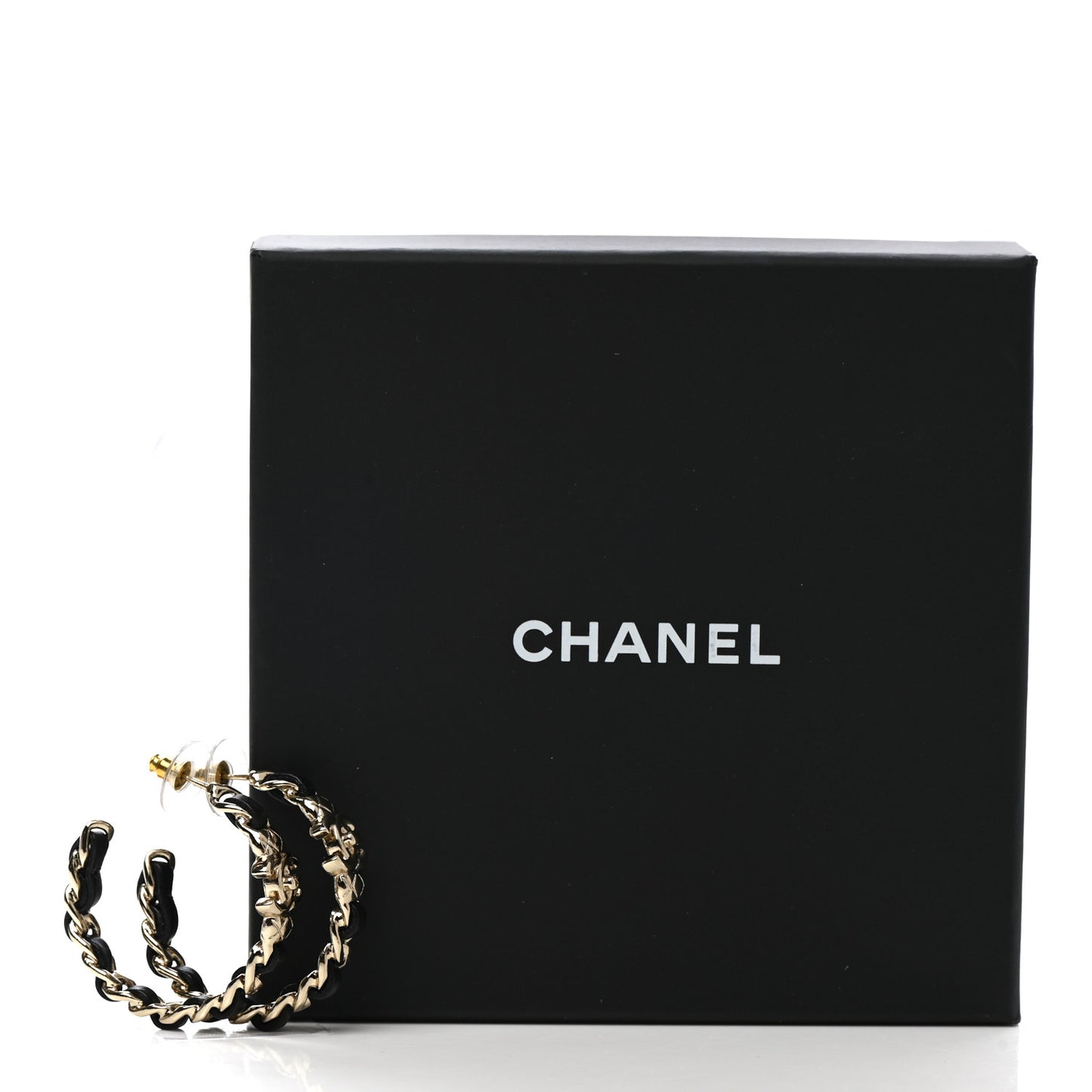 Metal Lambskin Quilted CC Turnlock Chain Hoop Earrings Gold Black