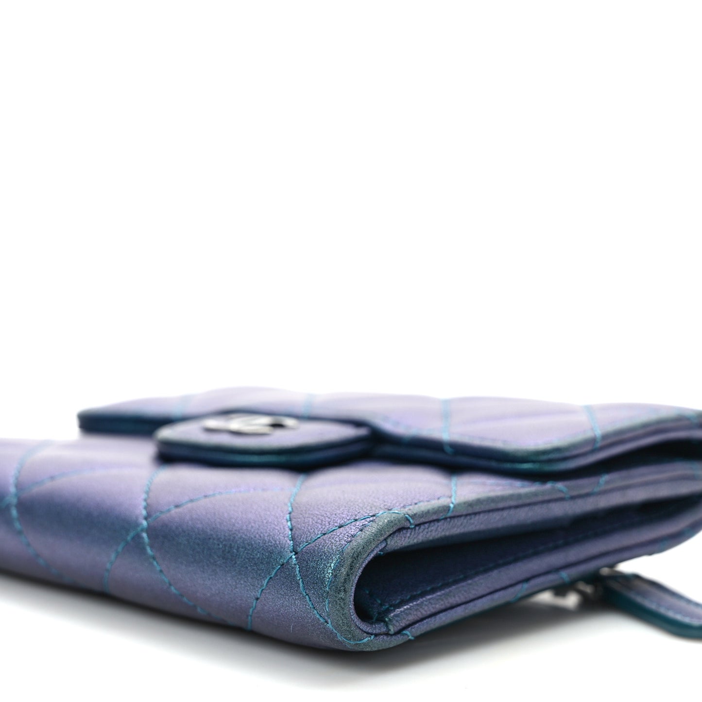 Metallic Lambskin Quilted Compact Flap Wallet Turquoise