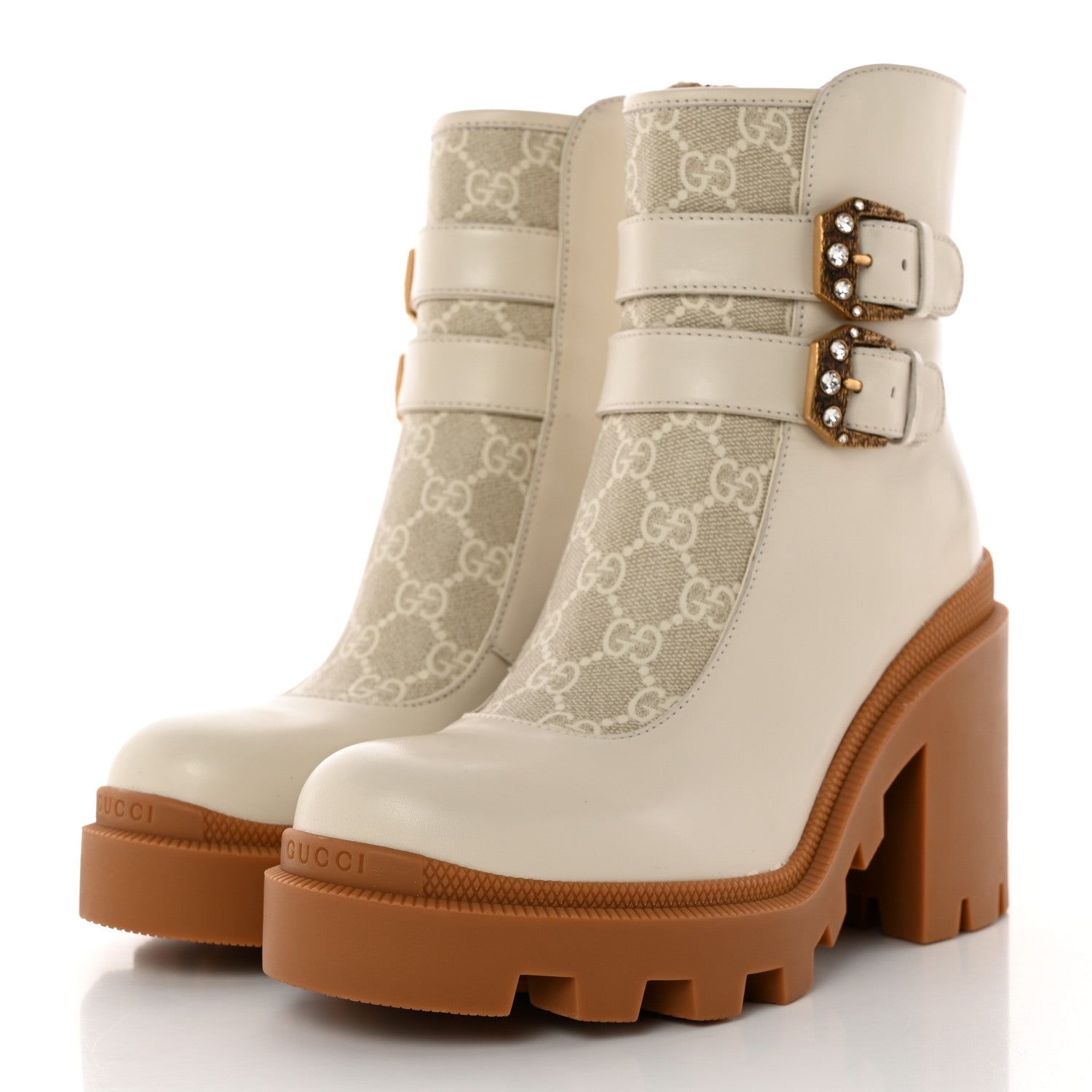 Gucci Kensington Calfskin Nappa GG Supreme Monogram Womens Double Buckle Ankle Boots 37 Mystic White Beige 3 of 12