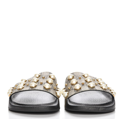Gucci GG Supreme Monogram Pearls Slide Sandals 40 Beige 2 of 10