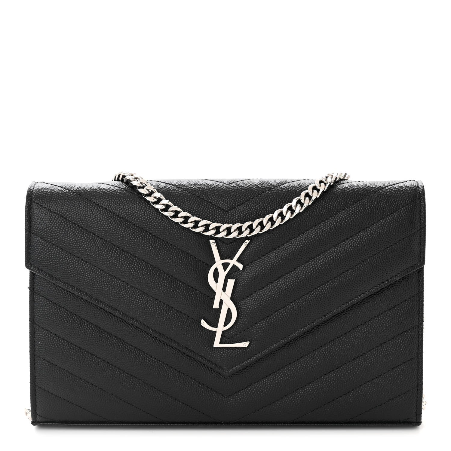 Saint Laurent Grain De Poudre Matelasse Chevron Monogram Chain Wallet Black 1 of 11