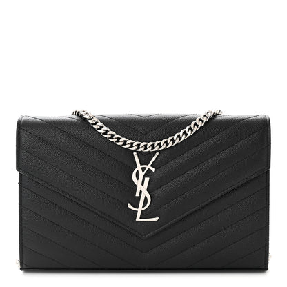 Saint Laurent Grain De Poudre Matelasse Chevron Monogram Chain Wallet Black 1 of 11