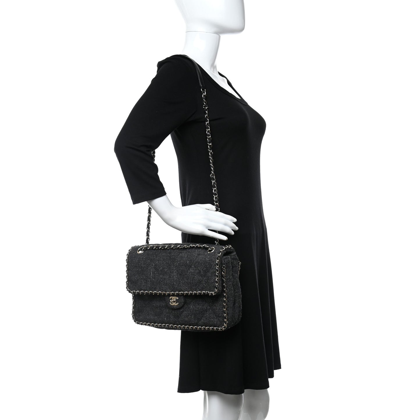 Wool Tweed Quilted Coco Neige Chain Around Flap Black