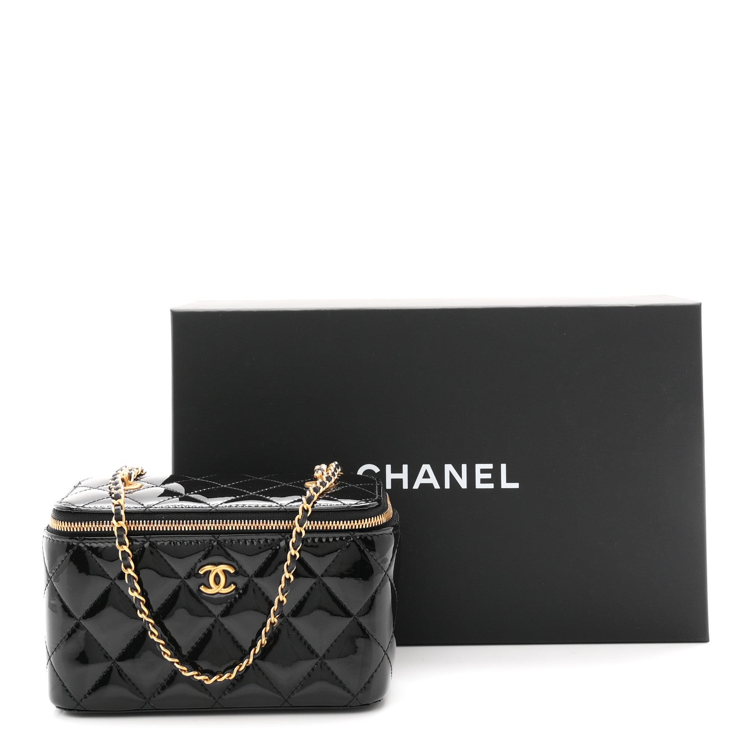 Chanel Patent Enamel Quilted Small Coco Hearts Vanity Case With Chain Black 10 of 10