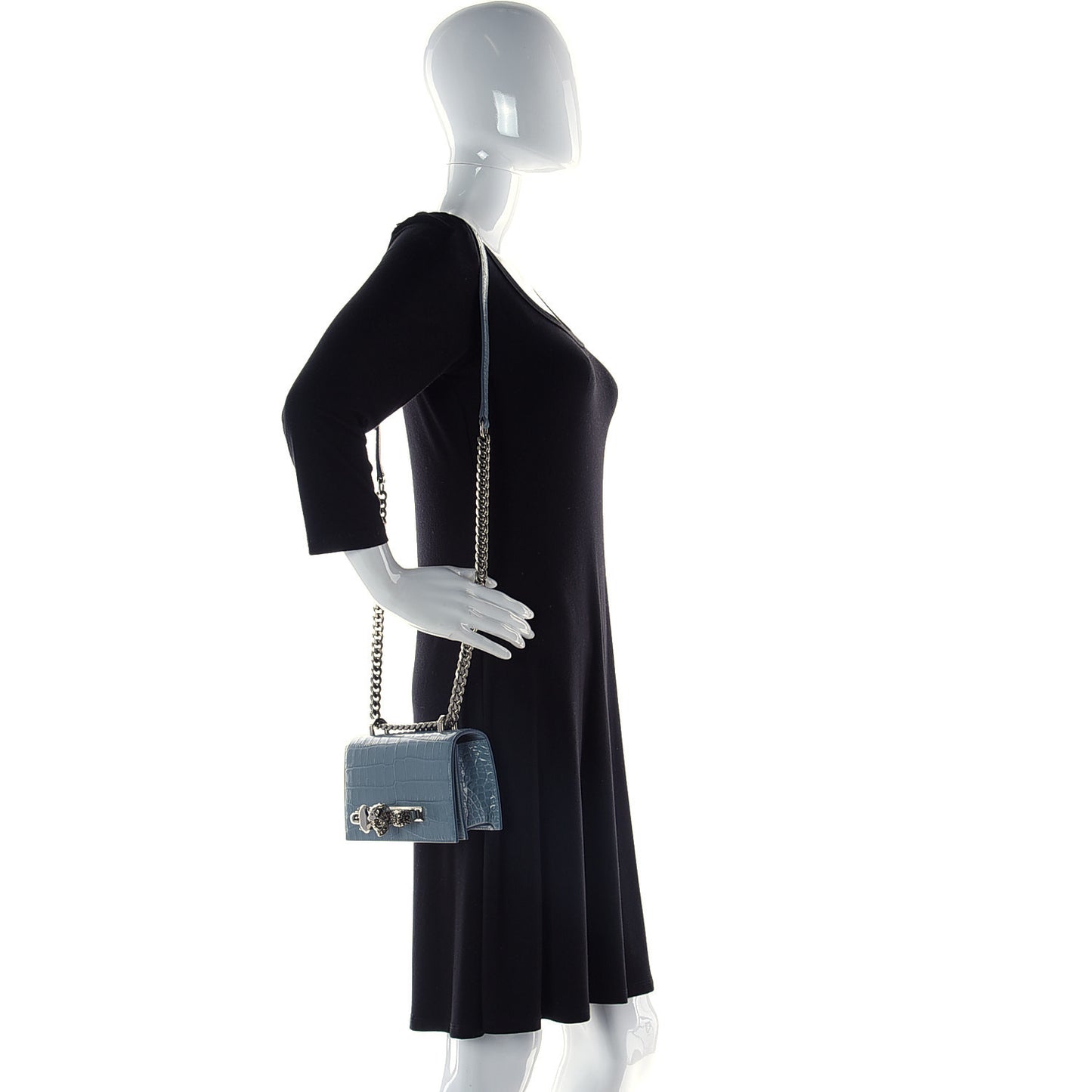 Shiny Crocodile Embossed Jeweled Satchel Blue Grey