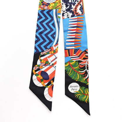 Hermes Silk De l'Ombrelle Aux Duels Twilly Black Bleu Jaune Vif 2 of 4