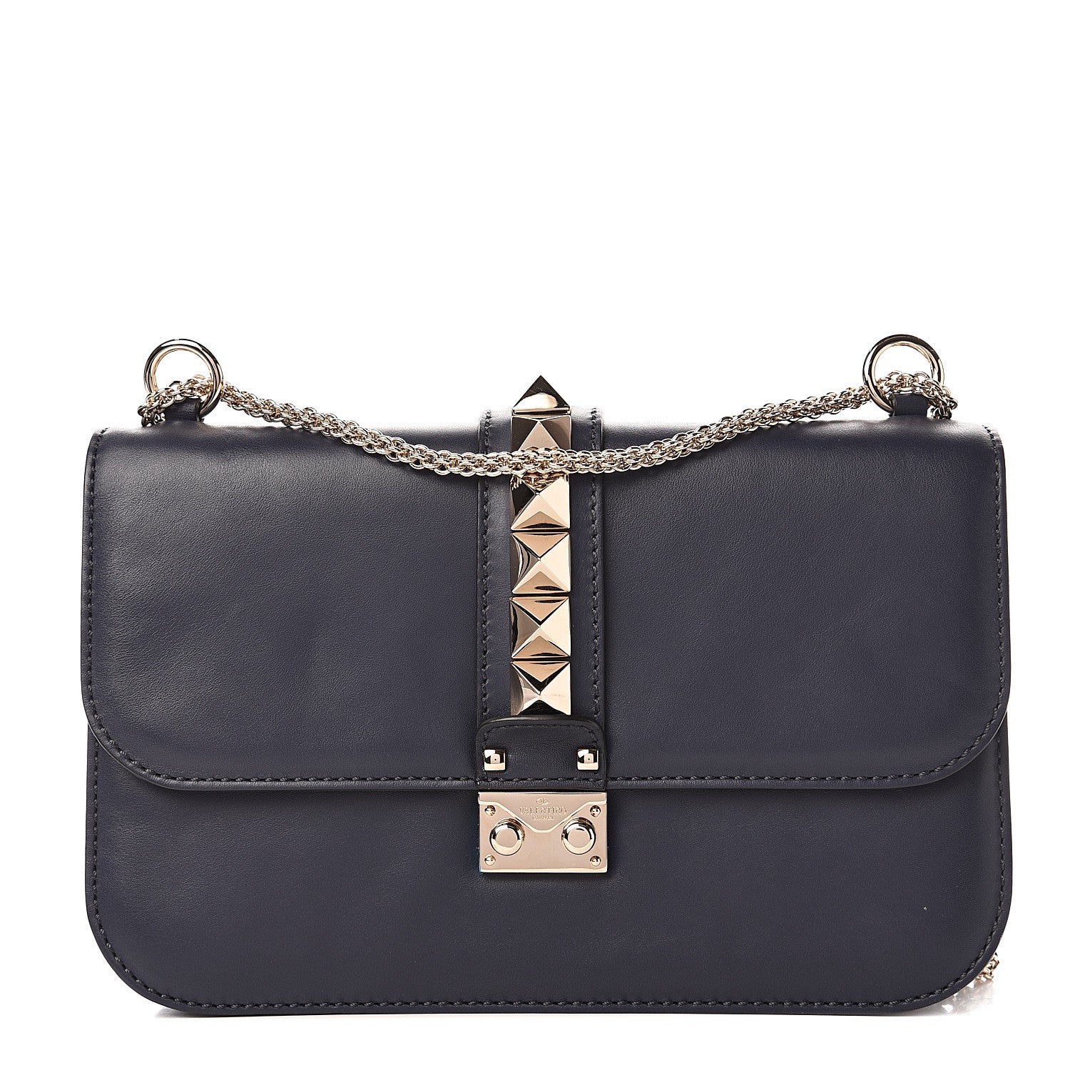Valentino Garavani Vitello Medium Glam Lock Rockstud Flap Marine 1 of 10