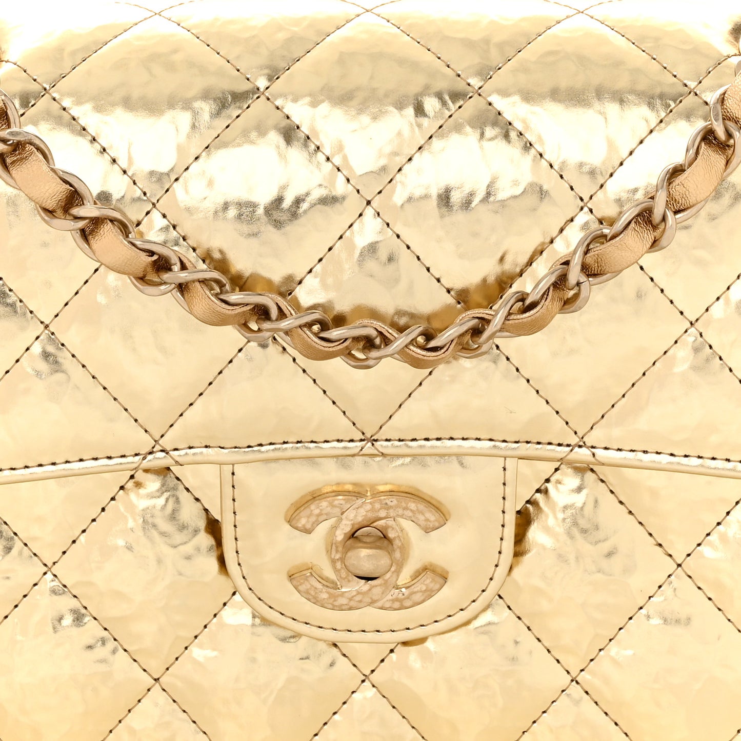 Hammered Metallic Calfskin Quilted Small Double Flap Gold
