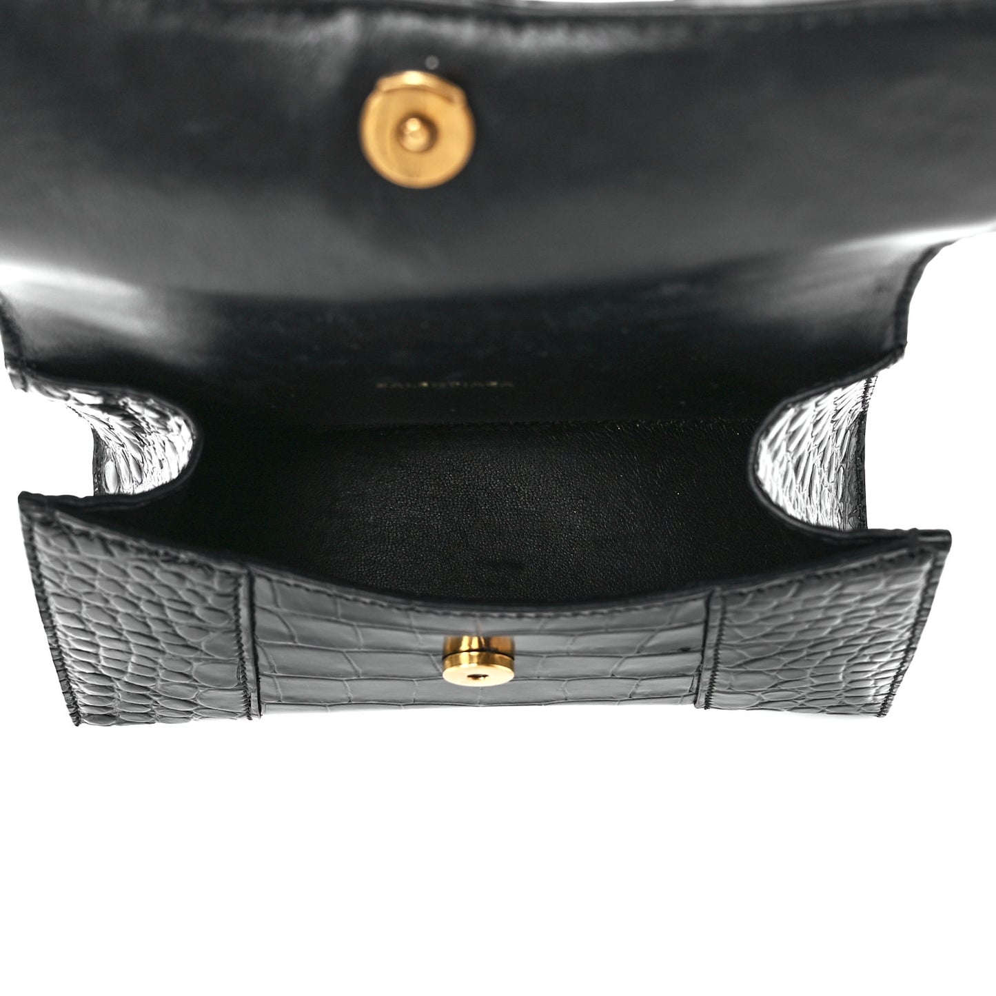 Shiny Calfskin Crocodile Embossed Hourglass Top Handle Bag XS Black