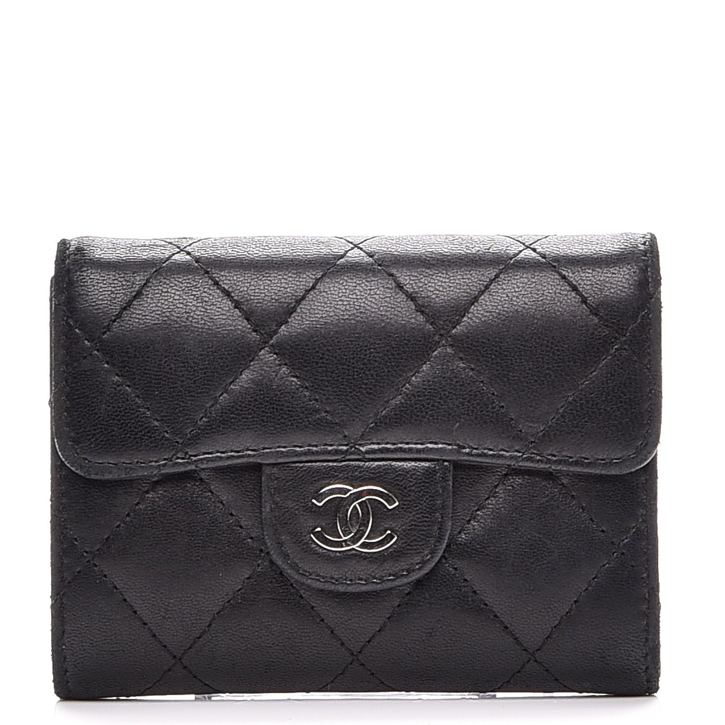 Lambskin Quilted Flap Card Holder Wallet Black