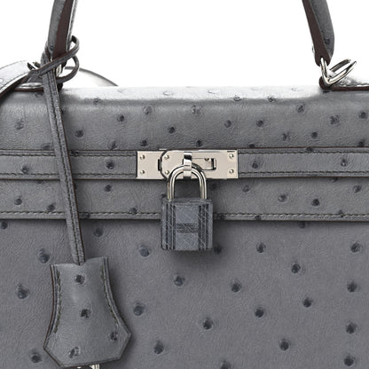 Hermes Ostrich Horseshoe Kelly Sellier 25 Gris Agate Bleu Nuit 12 of 13