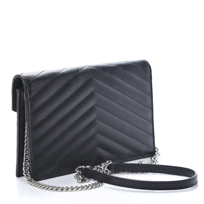 Saint Laurent Grain De Poudre Matelasse Chevron Monogram Envelope Chain Wallet Black 3 of 11