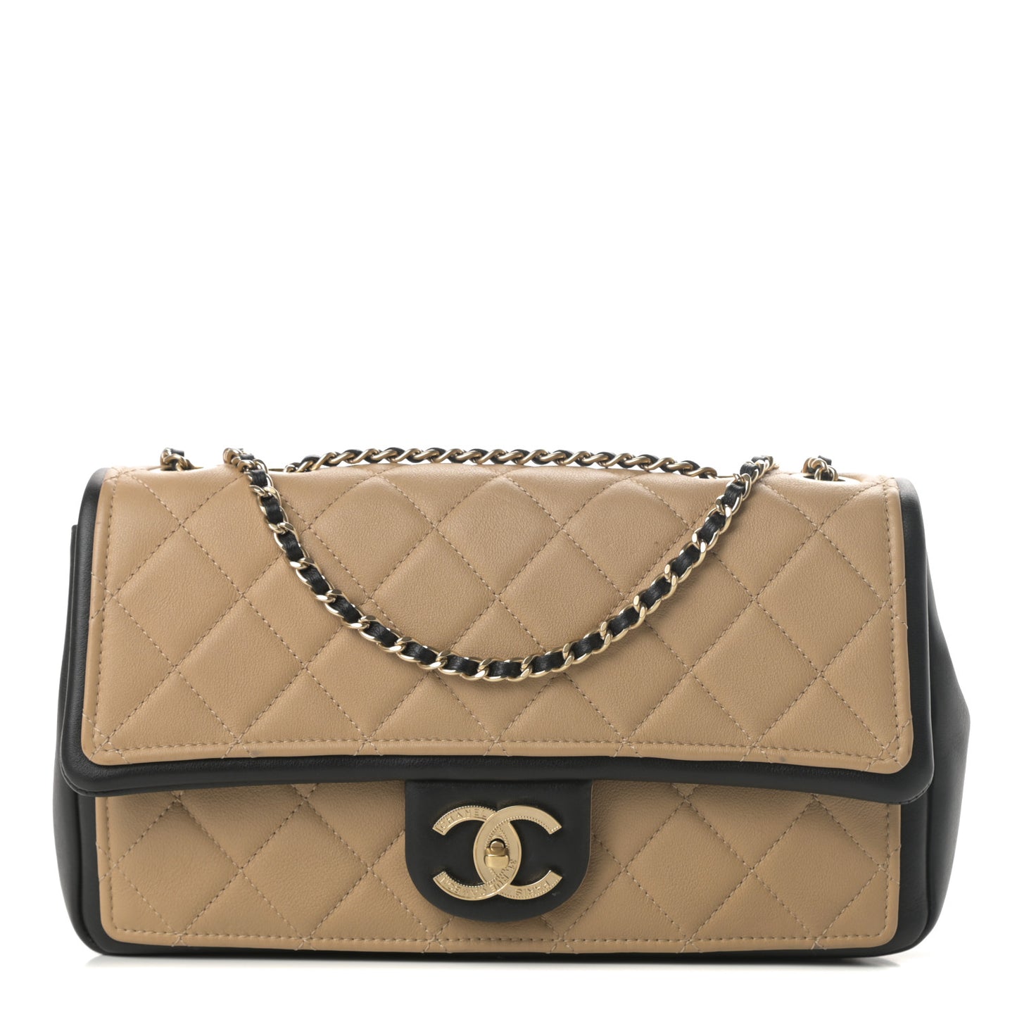 Calfskin Quilted Medium Graphic Flap Beige Black