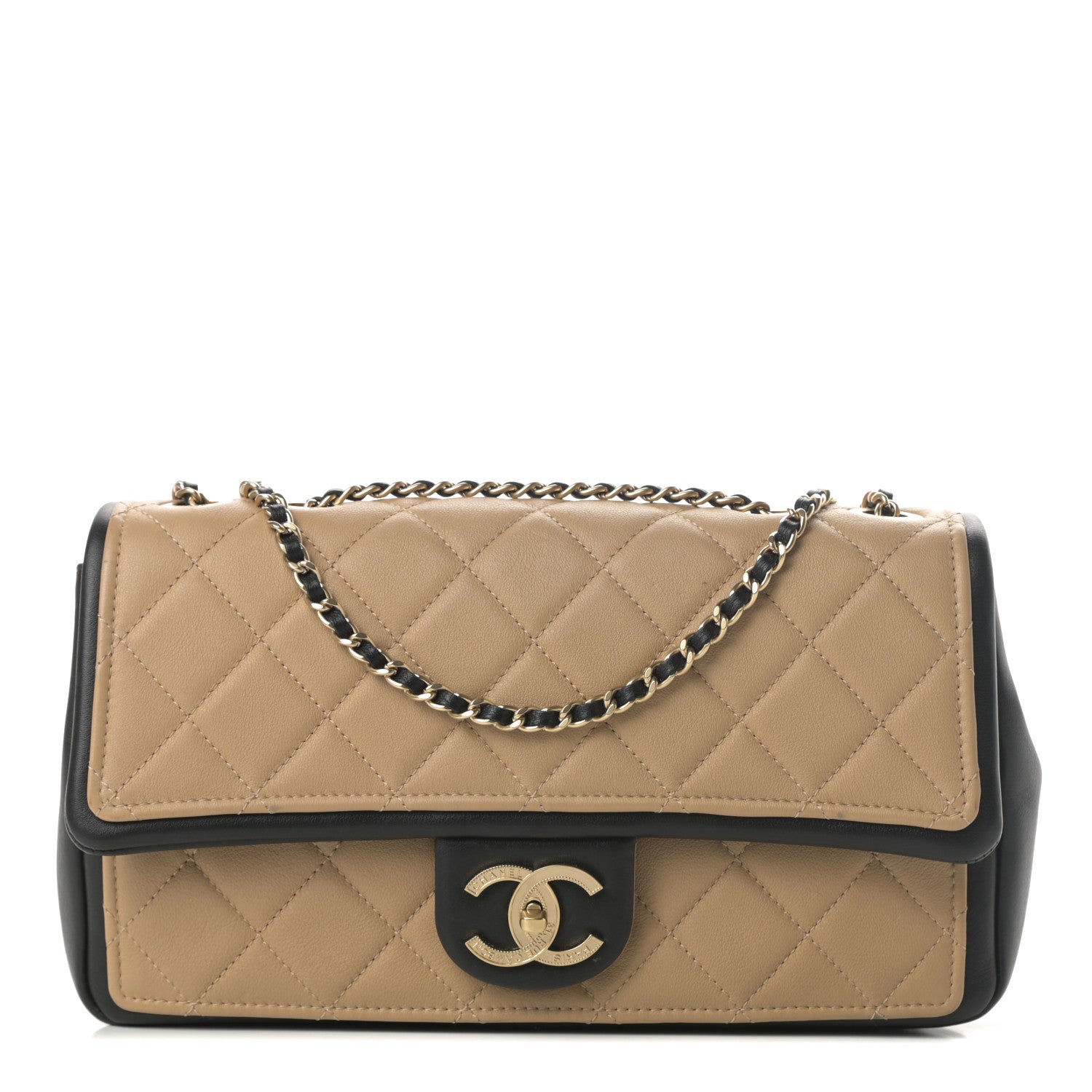 Chanel Calfskin Quilted Medium Graphic Flap Beige Black 1 of 15