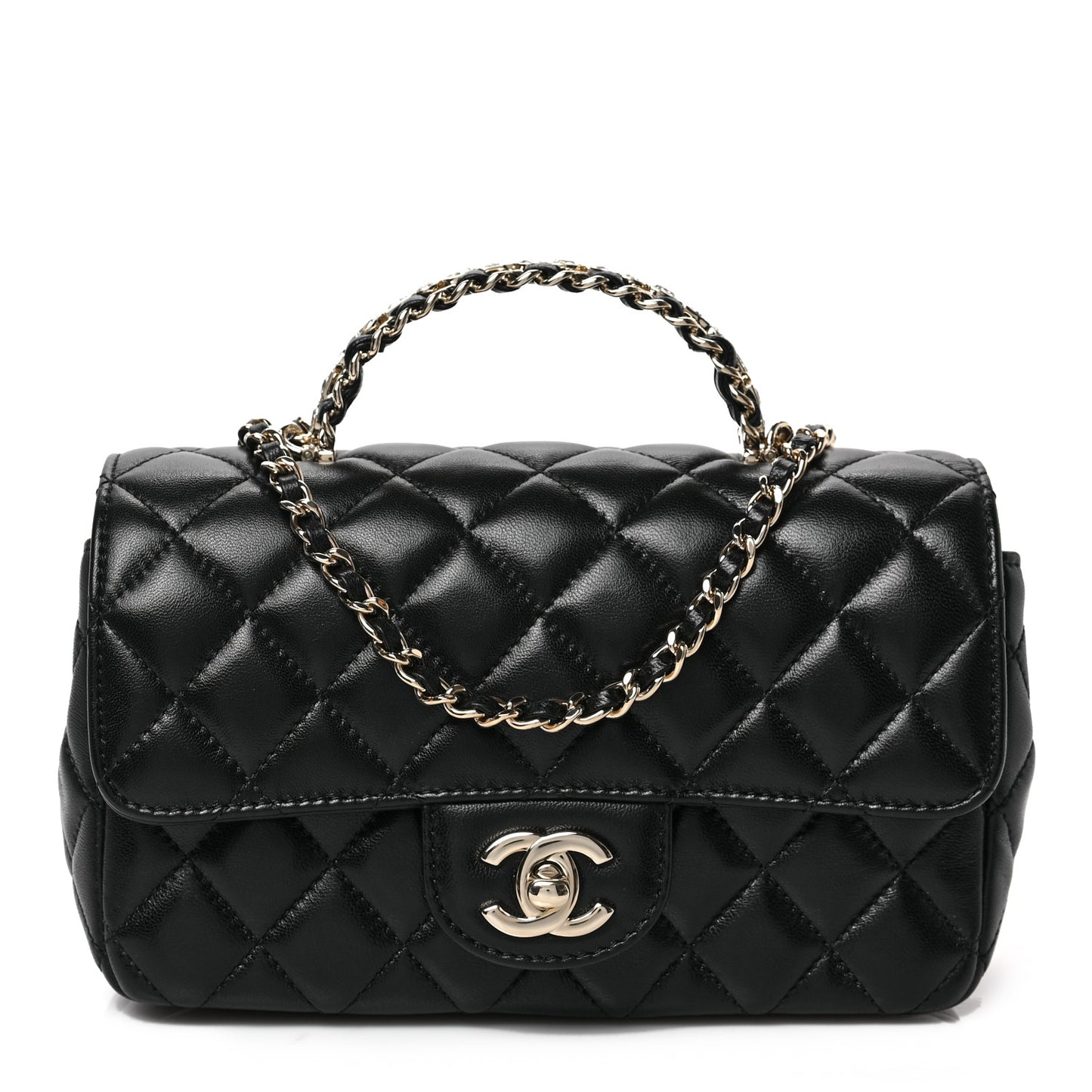Lambskin Quilted Mini Crystal Top Handle Rectangular Flap Black