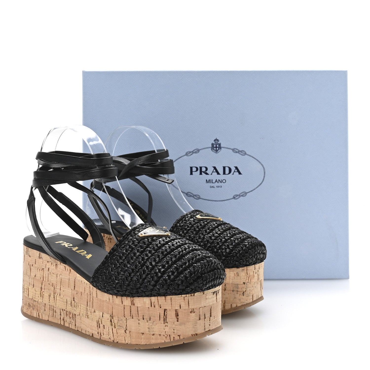 Prada Raffia Cork Triangle Crochet Ankle Strap Platform 75mm Sandals 35 Black 8 of 9