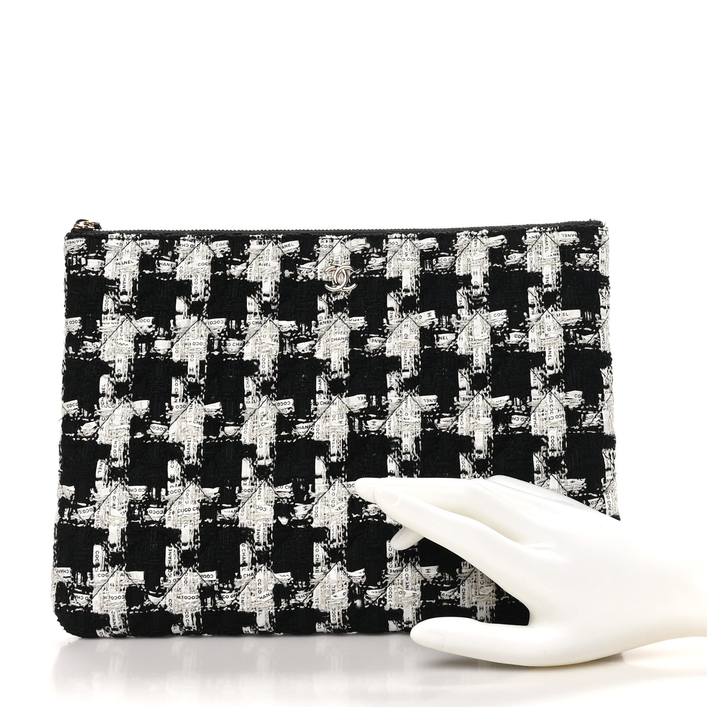 Tweed Quilted Medium Cosmetic Pouch Black Ecru White