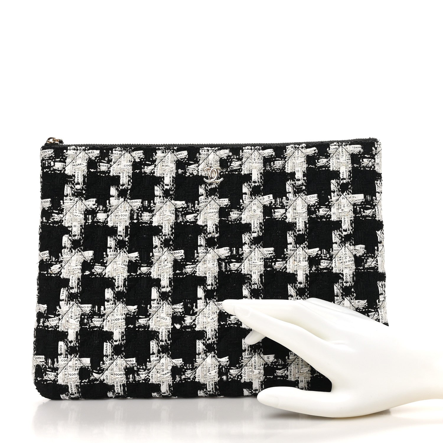 Chanel Tweed Quilted Medium Cosmetic Pouch Black Ecru White 2 of 9
