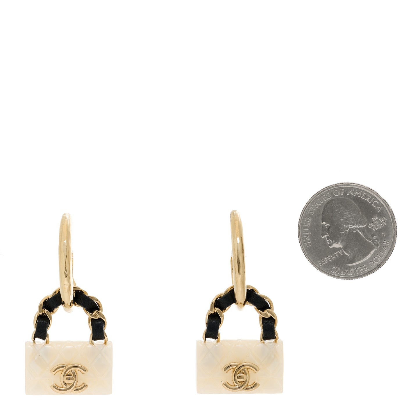 Metal Resin Calfskin Quilted CC Turnlock Chain Bag Earrings Gold Pearly White