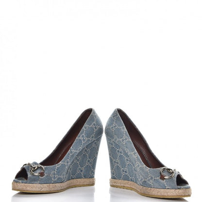 Gucci Denim Monogram Horsebit Open Toe Espadrille Wedges 39.5 Blue 5 of 15