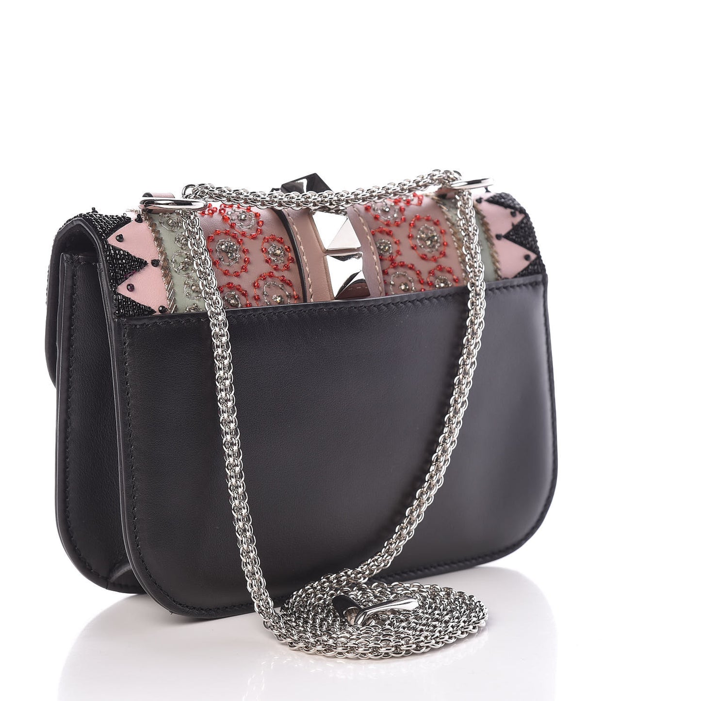 Vitello Embroidered Small Glam Lock Rockstud Flap Pink Black