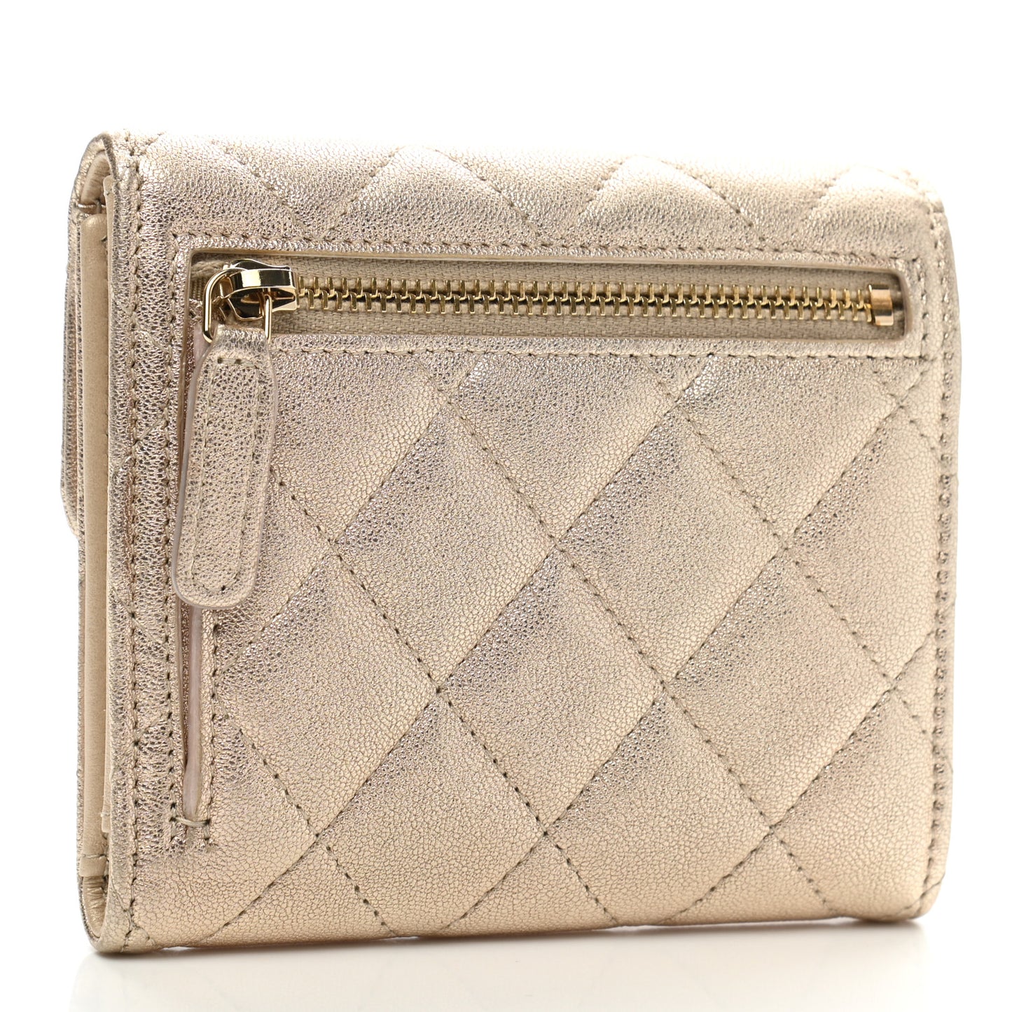 Metallic Lambskin Quilted Compact Flap Wallet Gold