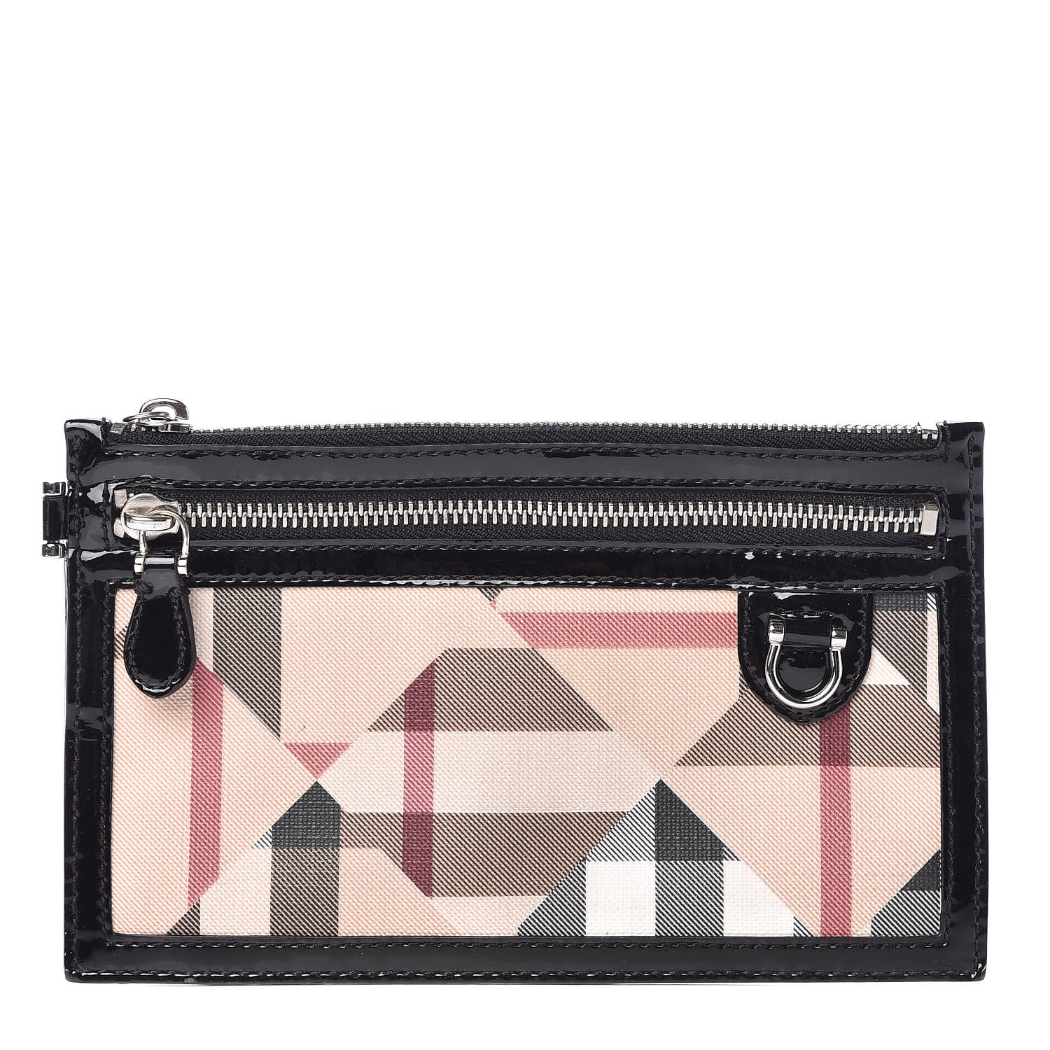 Burberry Patent Patchwork Check Wristlet Pouch Black 1 of 8