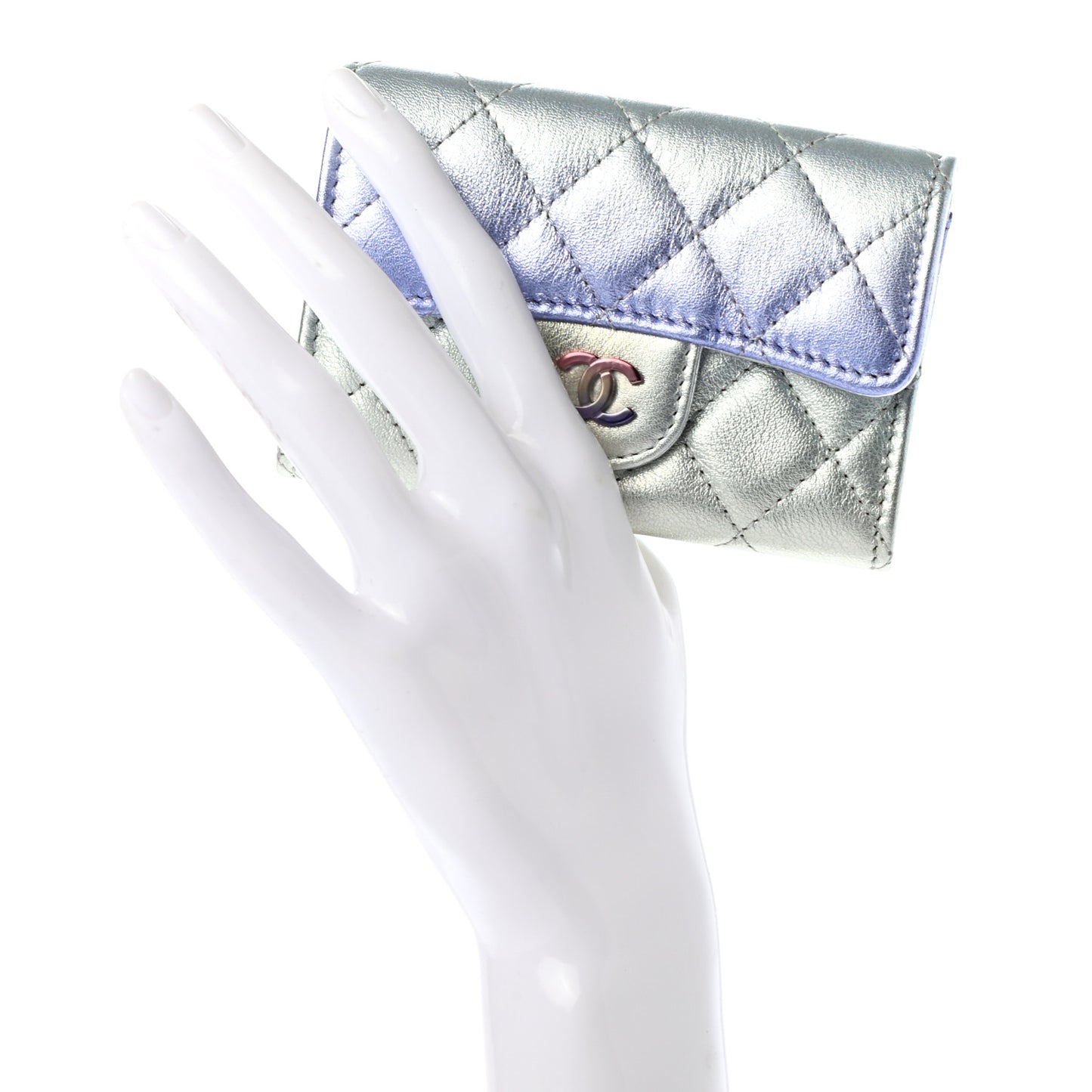 Gradient Metallic Calfskin Quilted Flap Card Holder Wallet Silver Blue Yellow Purple