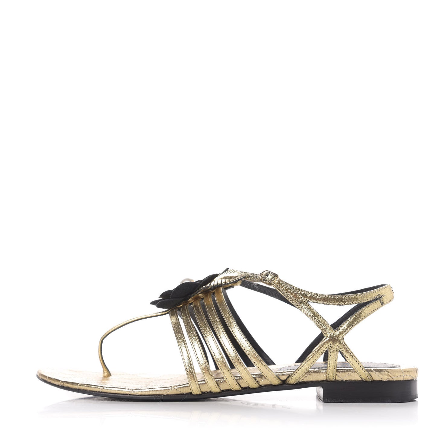 Crumpled Calfskin Camellia Pearl Thong Sandals 37.5 Gold