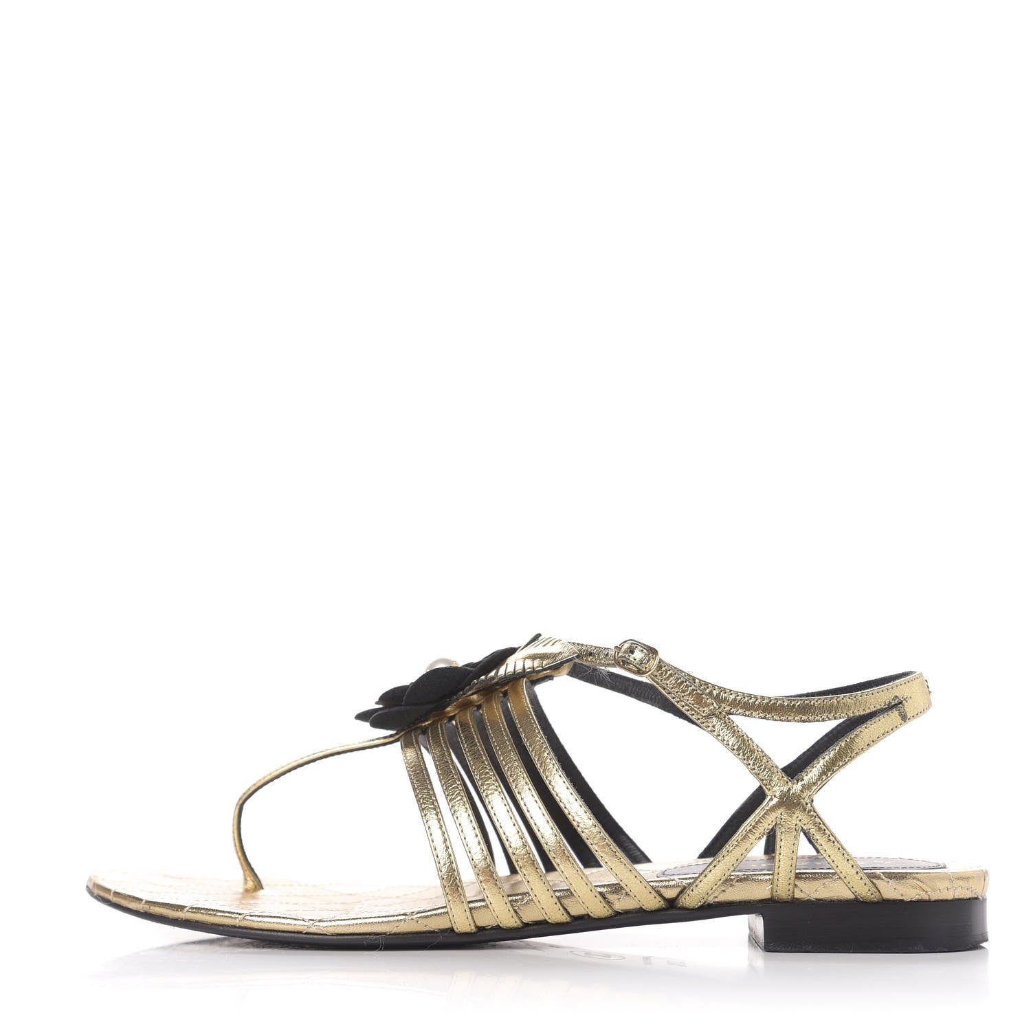 Chanel Crumpled Calfskin Camellia Pearl Thong Sandals 37.5 Gold 1 of 10