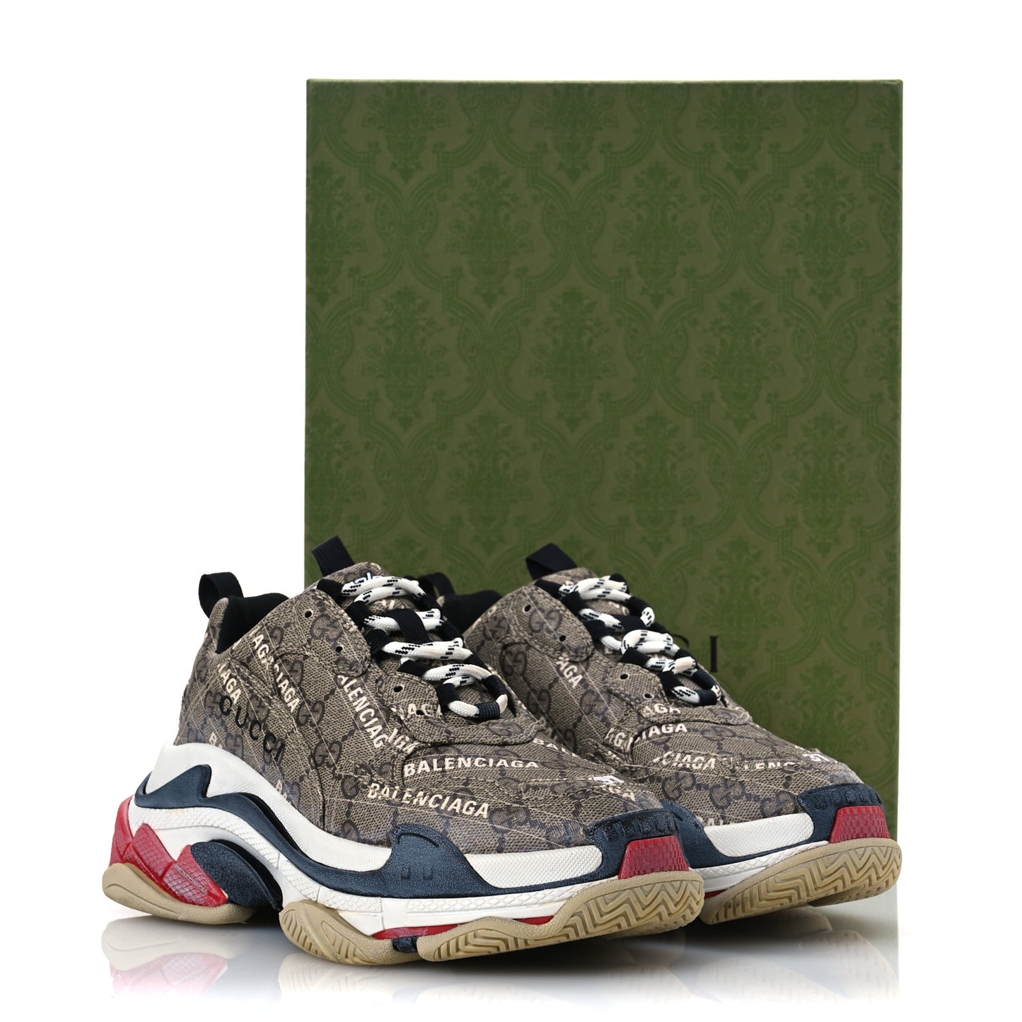 X GUCCI GG Supreme Monogram Allover Logo Womens Triple S Sneakers 37 Beige Ebony Mystic White