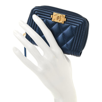 Chanel Metallic Lambskin Quilted Boy Zip Around Coin Purse Wallet Navy 2 of 8